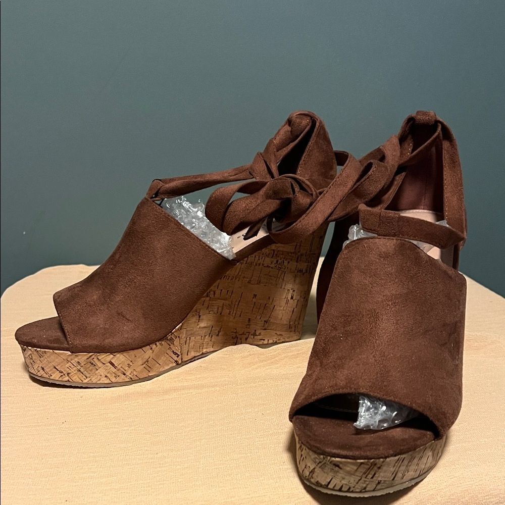 JustFab Chocolate Suede Espadrille Wedges